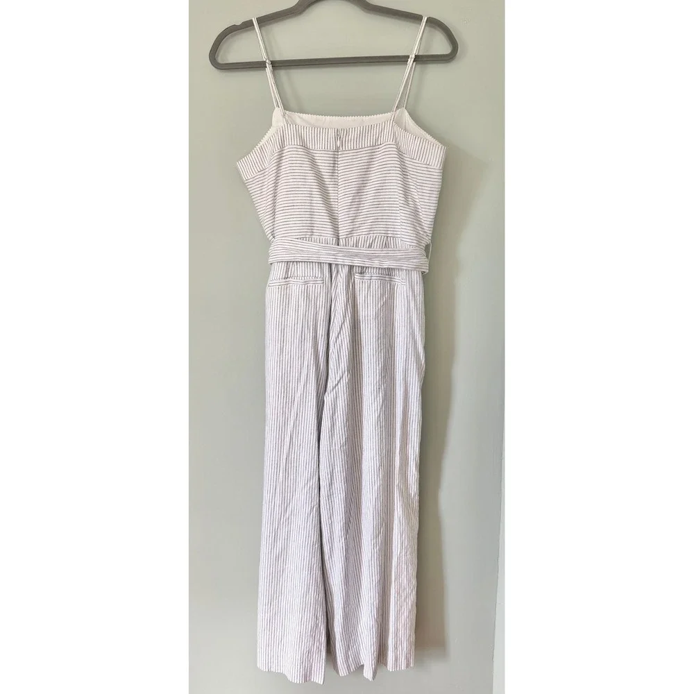 Banana Republic Cotton/Linen Wide Leg Cropped Jumpsuit White Navy Stripe Size 10